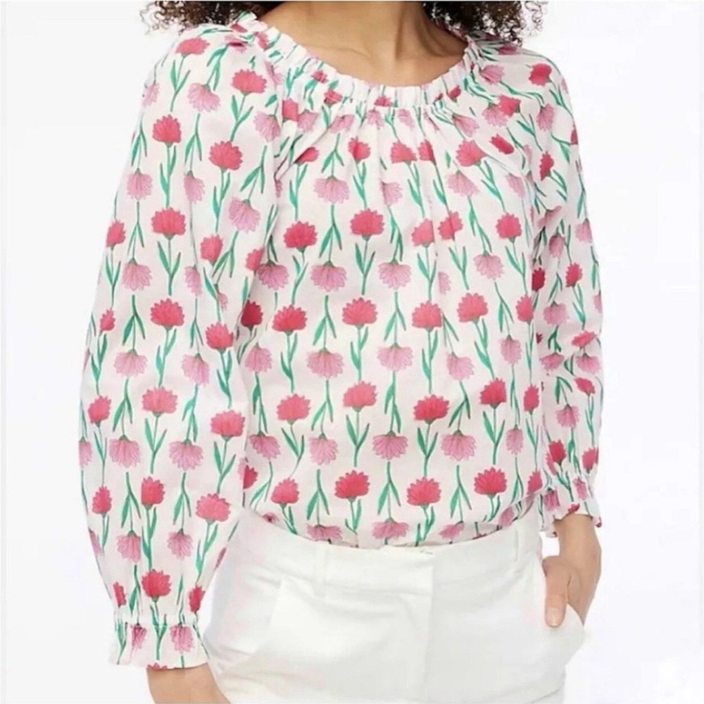 J.Crew Factory Floral Tie Back Ruffle-Neck Cotton Top Blouse